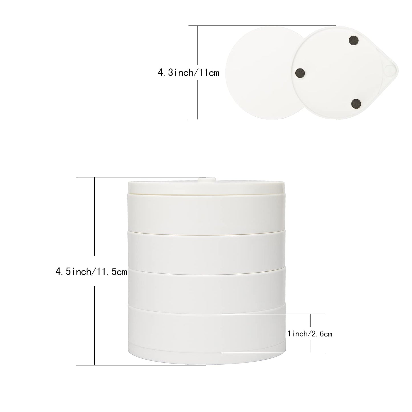LETURE Small Jewelry Organizer, Ring Earrings Necklace Bracelet Bangle Watch Jewelry Storage Box for Women, 4-Layer Rotating Travel Jewelry Tray Case with Lid (White)