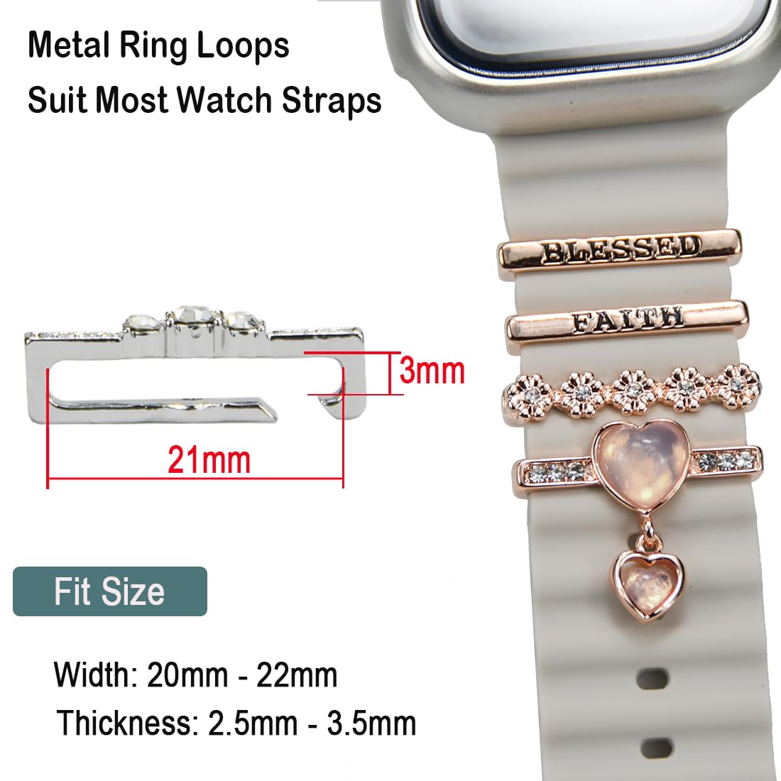 Watch Band Charms, Decorative Rings Loops Charms Compatible with Apple Silicone Watch Bands for Women 49mm 45mm 44mm 42mm 41mm 40mm 38mm , Metal Jewelry Watch Band Accessories Charms for iwatch band Series se 9 8 7 6 5 4 3 2 1 Samsung Galaxy watch 5/Pro/4