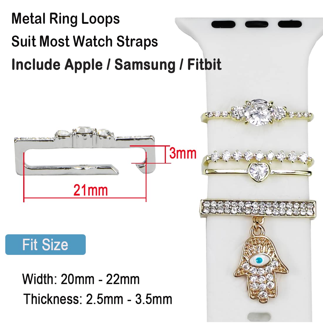 Watch Band Charms, Decorative Rings Loops Charms Compatible with Apple Silicone Watch Bands for Women 49mm 45mm 44mm 42mm 41mm 40mm 38mm , Metal Jewelry Watch Band Accessories Charms for iwatch band Series se 9 8 7 6 5 4 3 2 1 Samsung Galaxy watch 5/Pro/4