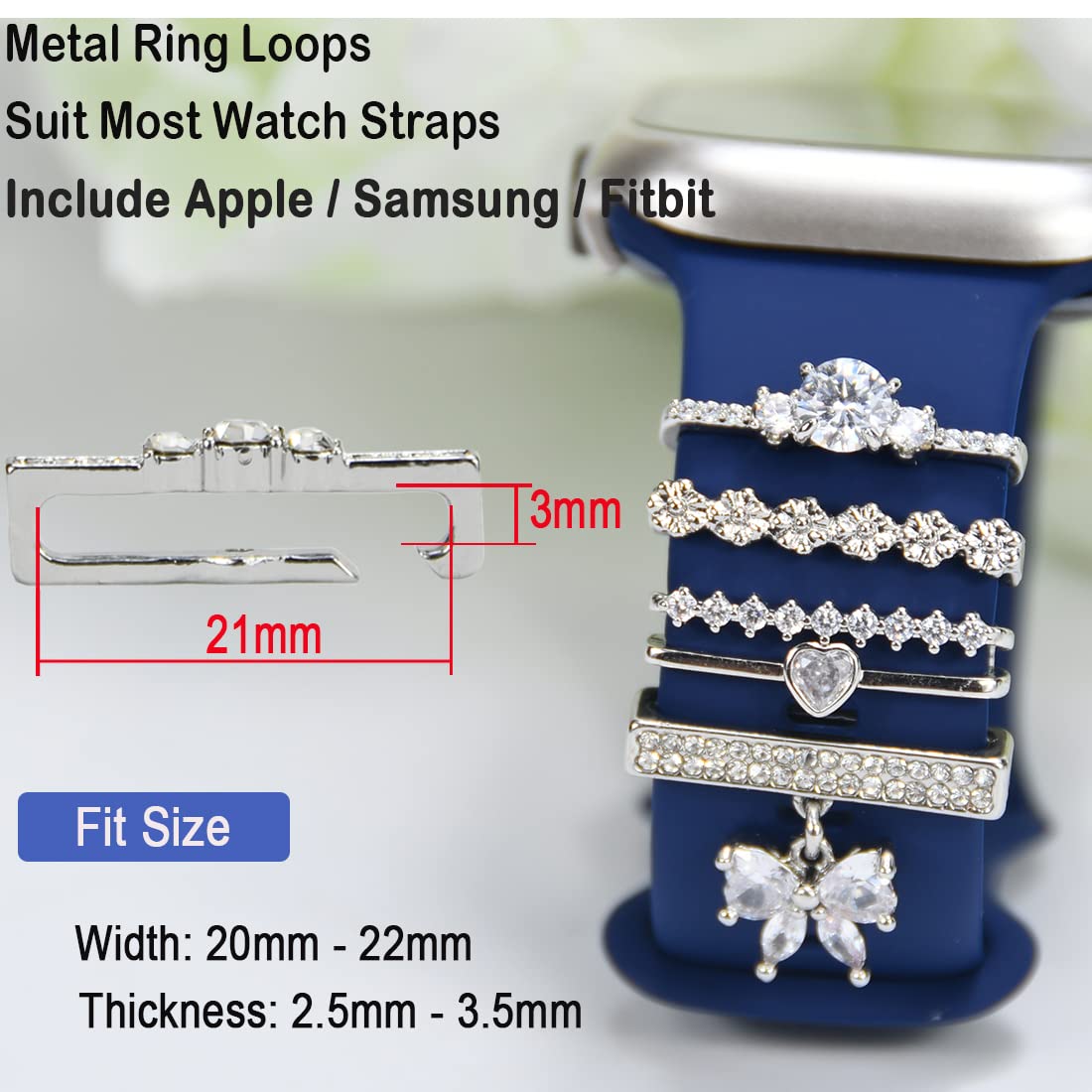 Watch Band Charms, Decorative Rings Loops Charms Compatible with Apple Silicone Watch Bands for Women 49mm 45mm 44mm 42mm 41mm 40mm 38mm , Metal Jewelry Watch Band Accessories Charms for iwatch band Series se 9 8 7 6 5 4 3 2 1 Samsung Galaxy watch 5/Pro/4