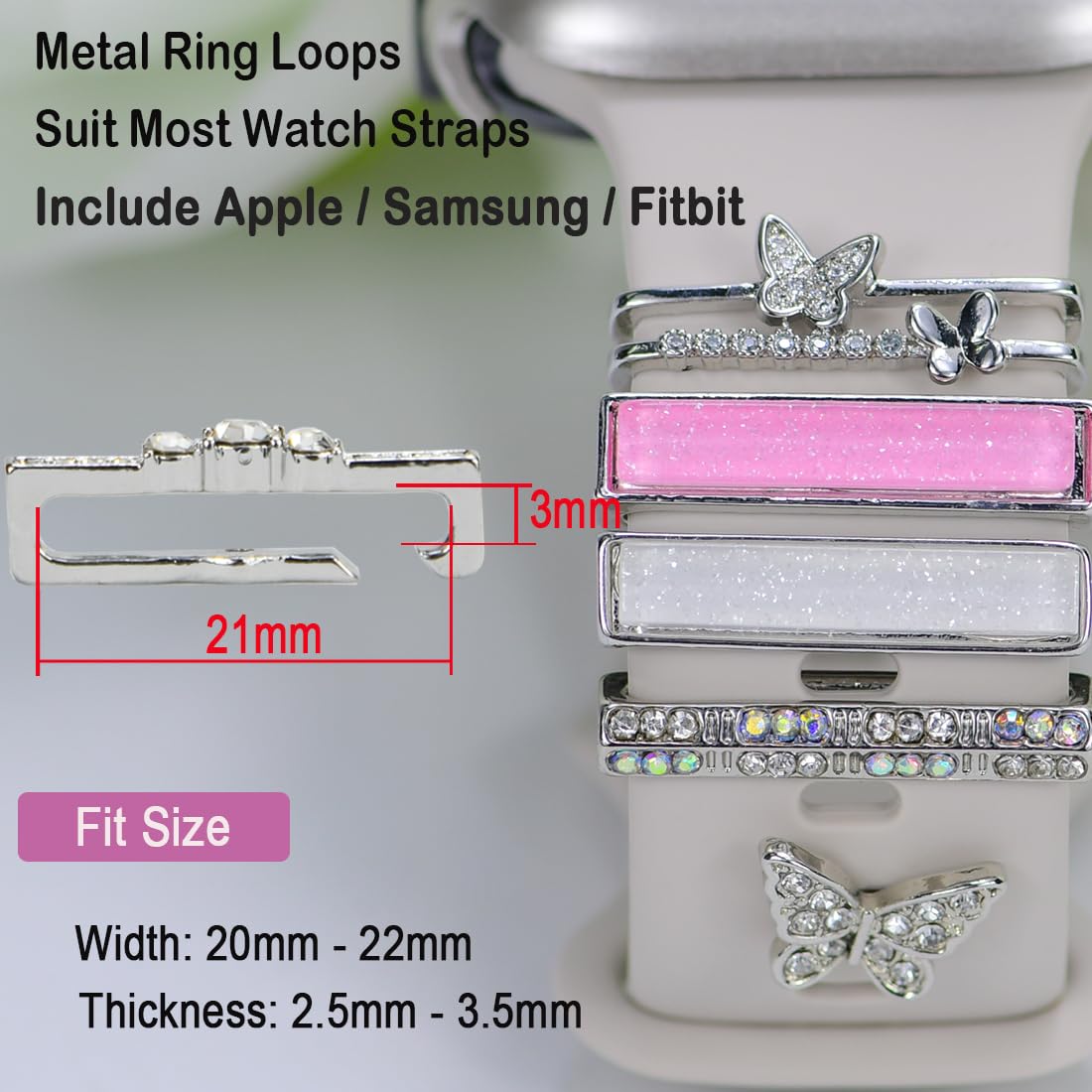 Watch Band Charms, Decorative Rings Loops Charms Compatible with Apple Silicone Watch Bands for Women 49mm 45mm 44mm 42mm 41mm 40mm 38mm , Metal Jewelry Watch Band Accessories Charms for iwatch band Series se 9 8 7 6 5 4 3 2 1 Samsung Galaxy watch 5/Pro/4