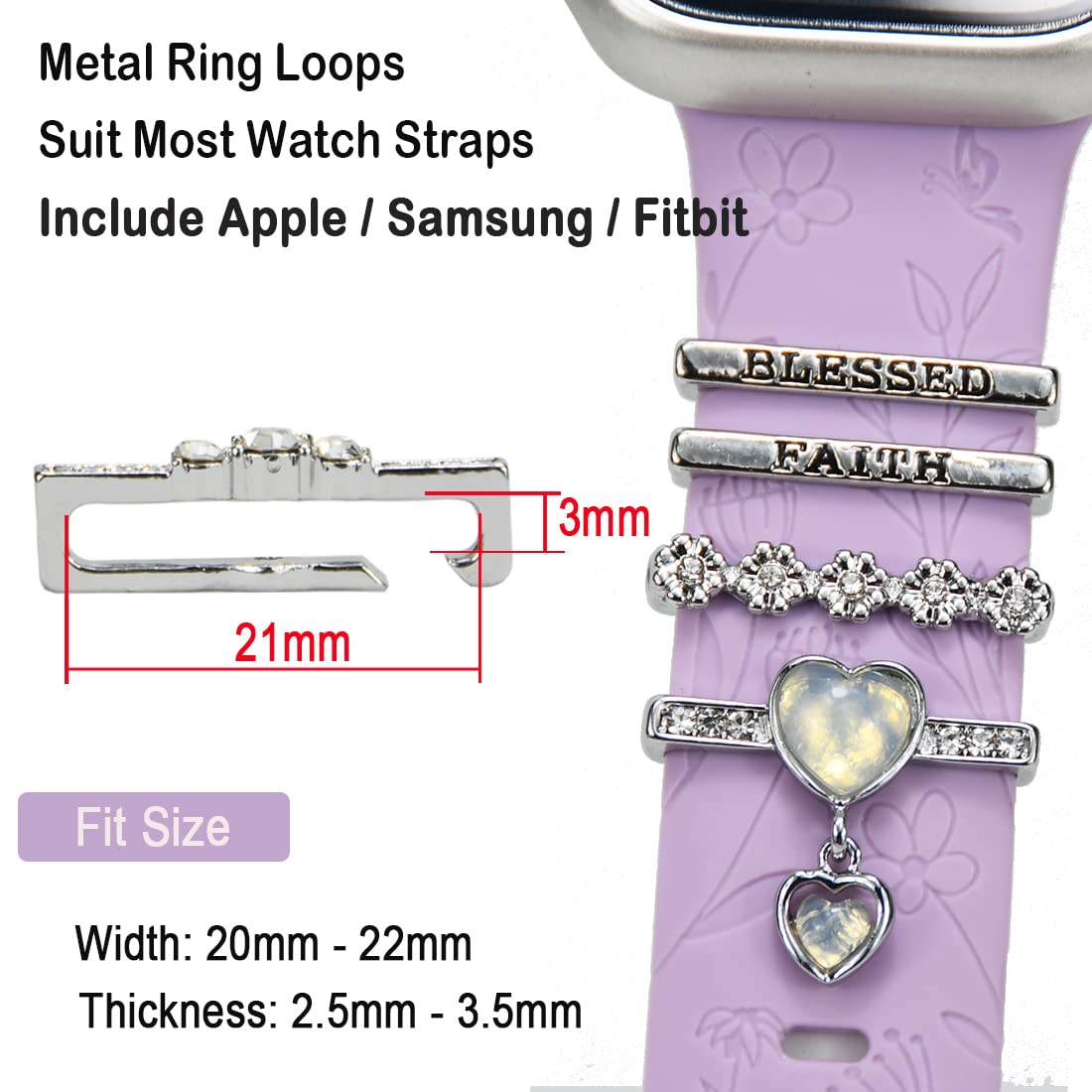 Watch Band Charms, Decorative Rings Loops Charms Compatible with Apple Silicone Watch Bands for Women 49mm 45mm 44mm 42mm 41mm 40mm 38mm , Metal Jewelry Watch Band Accessories Charms for iwatch band Series se 9 8 7 6 5 4 3 2 1 Samsung Galaxy watch 5/Pro/4