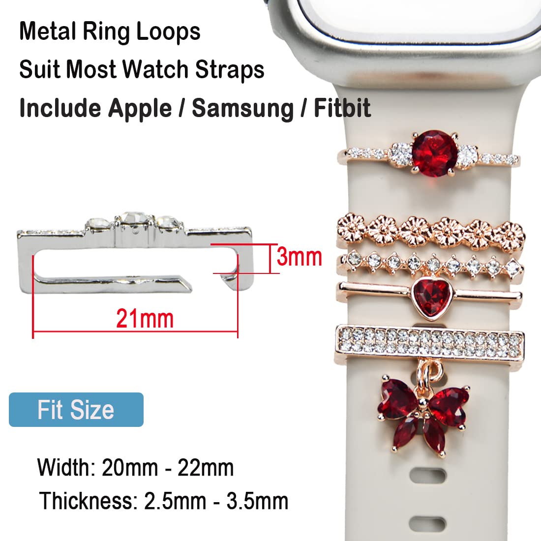 Watch Band Charms, Decorative Rings Loops Charms Compatible with Apple Silicone Watch Bands for Women 49mm 45mm 44mm 42mm 41mm 40mm 38mm , Metal Jewelry Watch Band Accessories Charms for iwatch band Series se 9 8 7 6 5 4 3 2 1 Samsung Galaxy watch 5/Pro/4