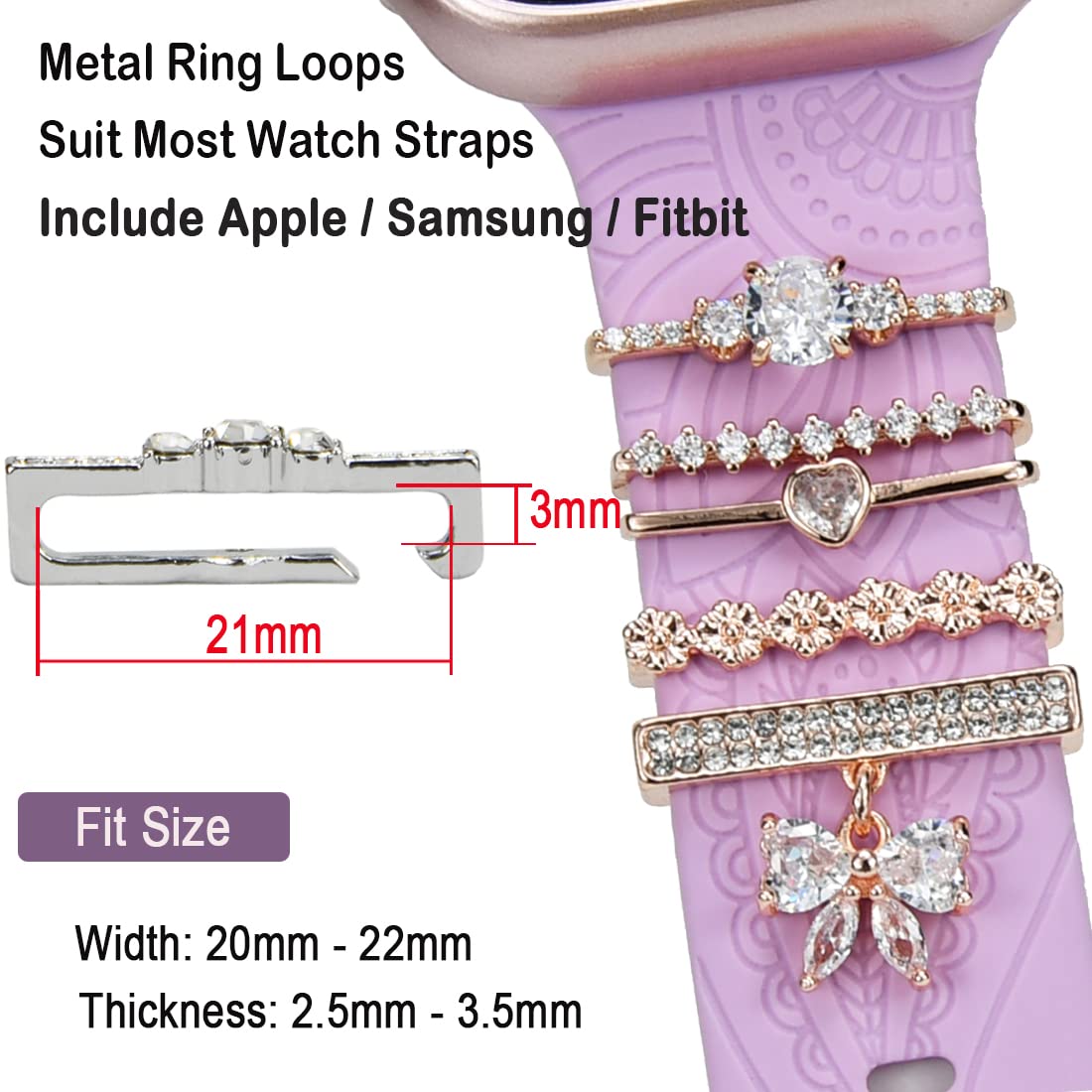 Watch Band Charms, Decorative Rings Loops Charms Compatible with Apple Silicone Watch Bands for Women 49mm 45mm 44mm 42mm 41mm 40mm 38mm , Metal Jewelry Watch Band Accessories Charms for iwatch band Series se 9 8 7 6 5 4 3 2 1 Samsung Galaxy watch 5/Pro/4
