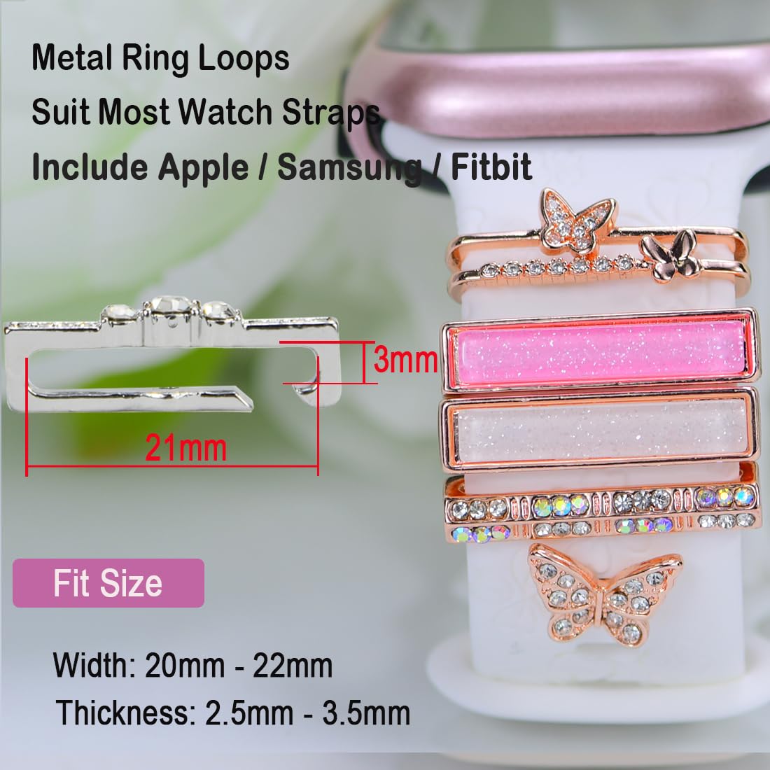 Watch Band Charms, Decorative Rings Loops Charms Compatible with Apple Silicone Watch Bands for Women 49mm 45mm 44mm 42mm 41mm 40mm 38mm , Metal Jewelry Watch Band Accessories Charms for iwatch band Series se 9 8 7 6 5 4 3 2 1 Samsung Galaxy watch 5/Pro/4