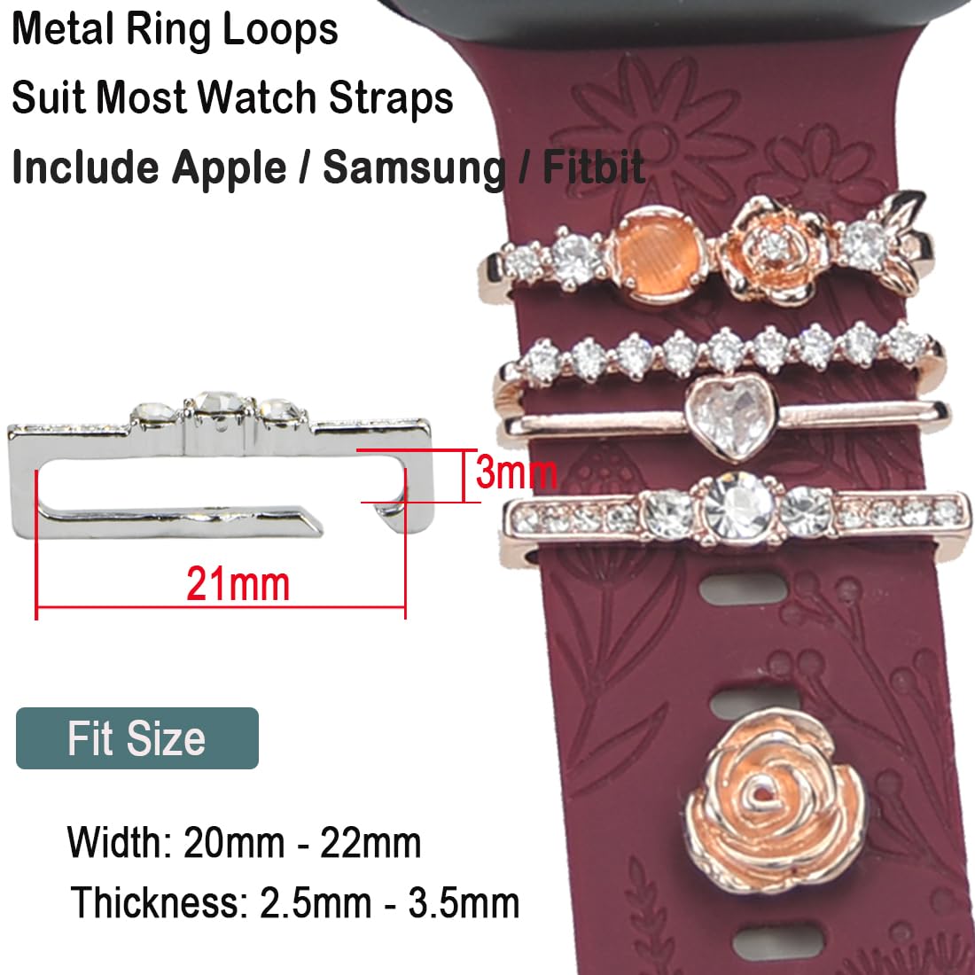 Watch Band Charms, Decorative Rings Loops Charms Compatible with Apple Silicone Watch Bands for Women 49mm 45mm 44mm 42mm 41mm 40mm 38mm , Metal Jewelry Watch Band Accessories Charms for iwatch band Series se 9 8 7 6 5 4 3 2 1 Samsung Galaxy watch 5/Pro/4