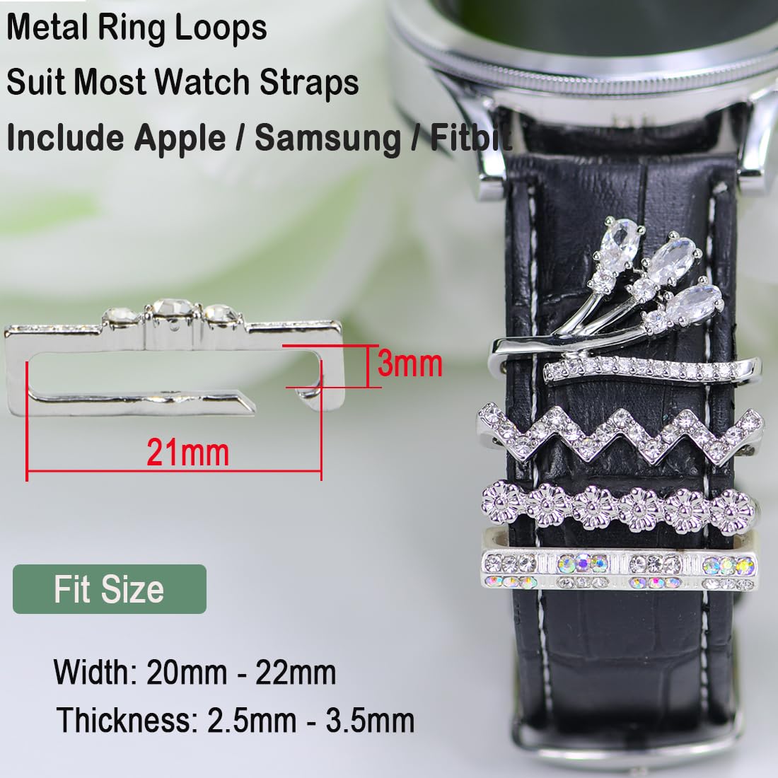 Watch Band Charms, Decorative Rings Loops Charms Compatible with Apple Silicone Watch Bands for Women 49mm 45mm 44mm 42mm 41mm 40mm 38mm , Metal Jewelry Watch Band Accessories Charms for iwatch band Series se 9 8 7 6 5 4 3 2 1 Samsung Galaxy watch 5/Pro/4