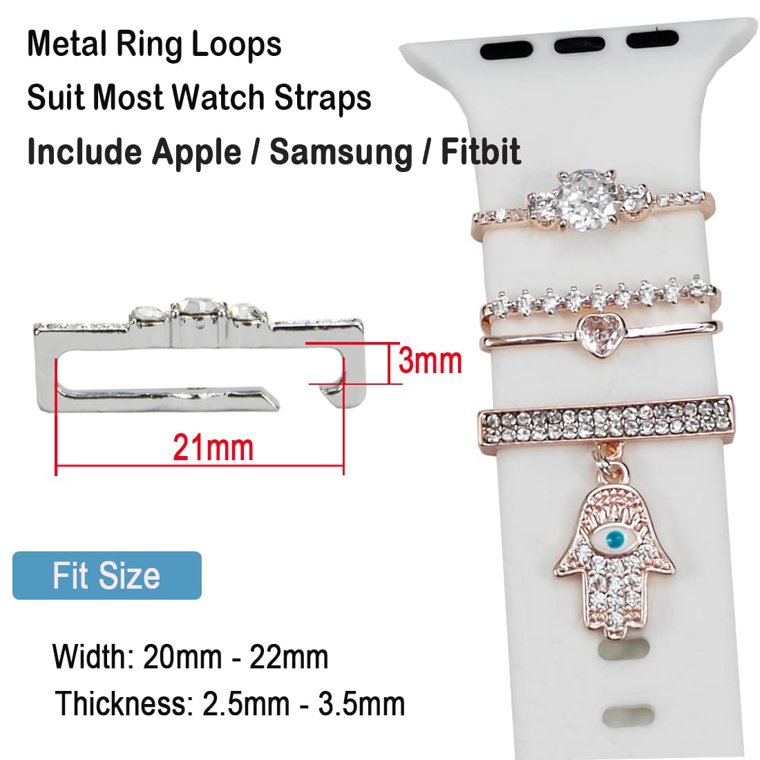 Watch Band Charms, Decorative Rings Loops Charms Compatible with Apple Silicone Watch Bands for Women 49mm 45mm 44mm 42mm 41mm 40mm 38mm , Metal Jewelry Watch Band Accessories Charms for iwatch band Series se 9 8 7 6 5 4 3 2 1 Samsung Galaxy watch 5/Pro/4