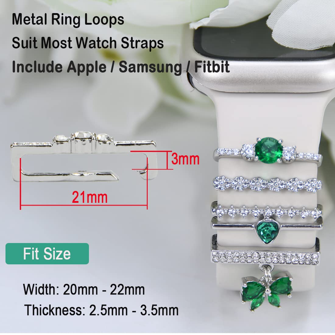Watch Band Charms, Decorative Rings Loops Charms Compatible with Apple Silicone Watch Bands for Women 49mm 45mm 44mm 42mm 41mm 40mm 38mm , Metal Jewelry Watch Band Accessories Charms for iwatch band Series se 9 8 7 6 5 4 3 2 1 Samsung Galaxy watch 5/Pro/4