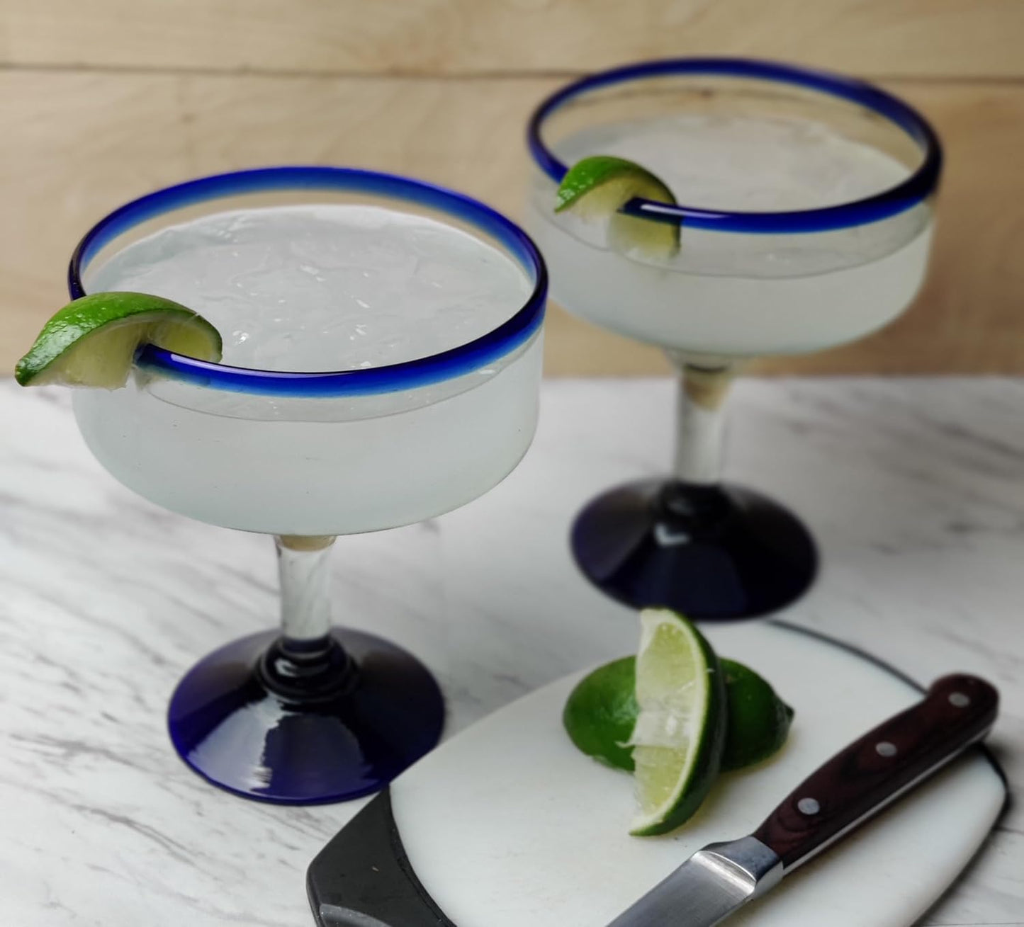Dos Sueños Mexican Hand Blown Glass Drinkware Set - 4 Margarita Glasses (16oz) and Pitcher (84oz) – Cobalt Blue Rim