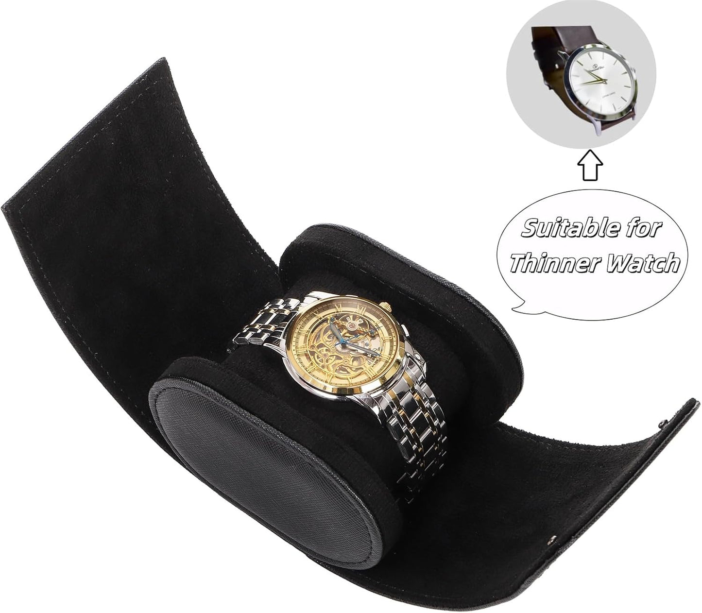 Leather Travel Watch Case, Single Watch Gift Box with Pillow, Portable Jewelry Watch Storage Roll Organizer Carrying Case for Display, Men, Women, Luxury Black