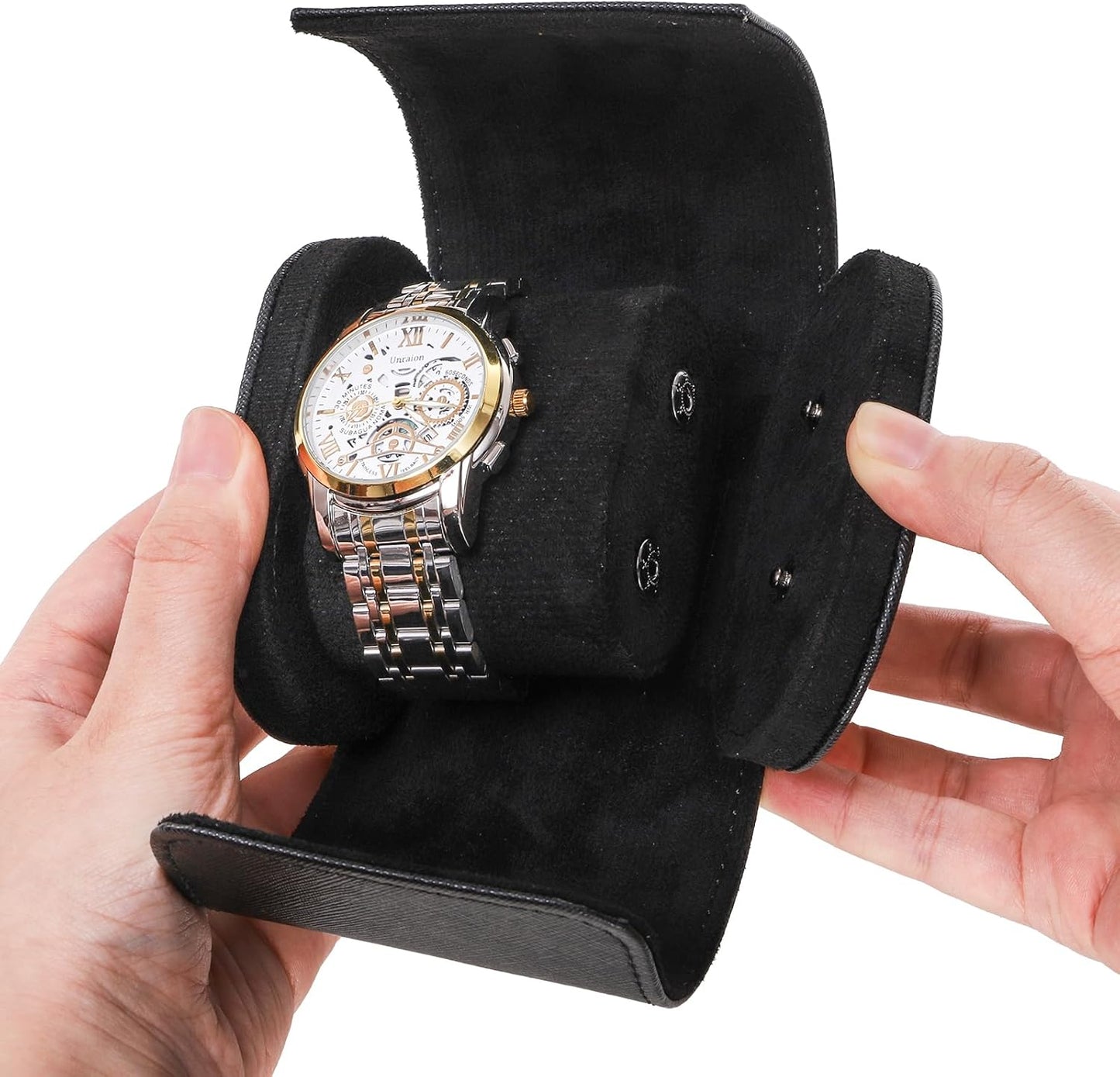 Leather Travel Watch Case, Single Watch Gift Box with Pillow, Portable Jewelry Watch Storage Roll Organizer Carrying Case for Display, Men, Women, Luxury Black