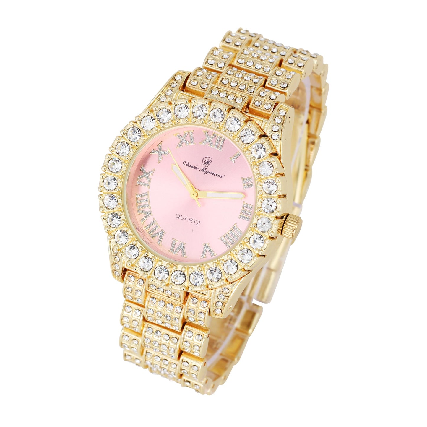Charles Raymond Women's Big Rocks Bezel Colored Dial with Roman Numerals Fully Iced Out Watch - ST10327LA