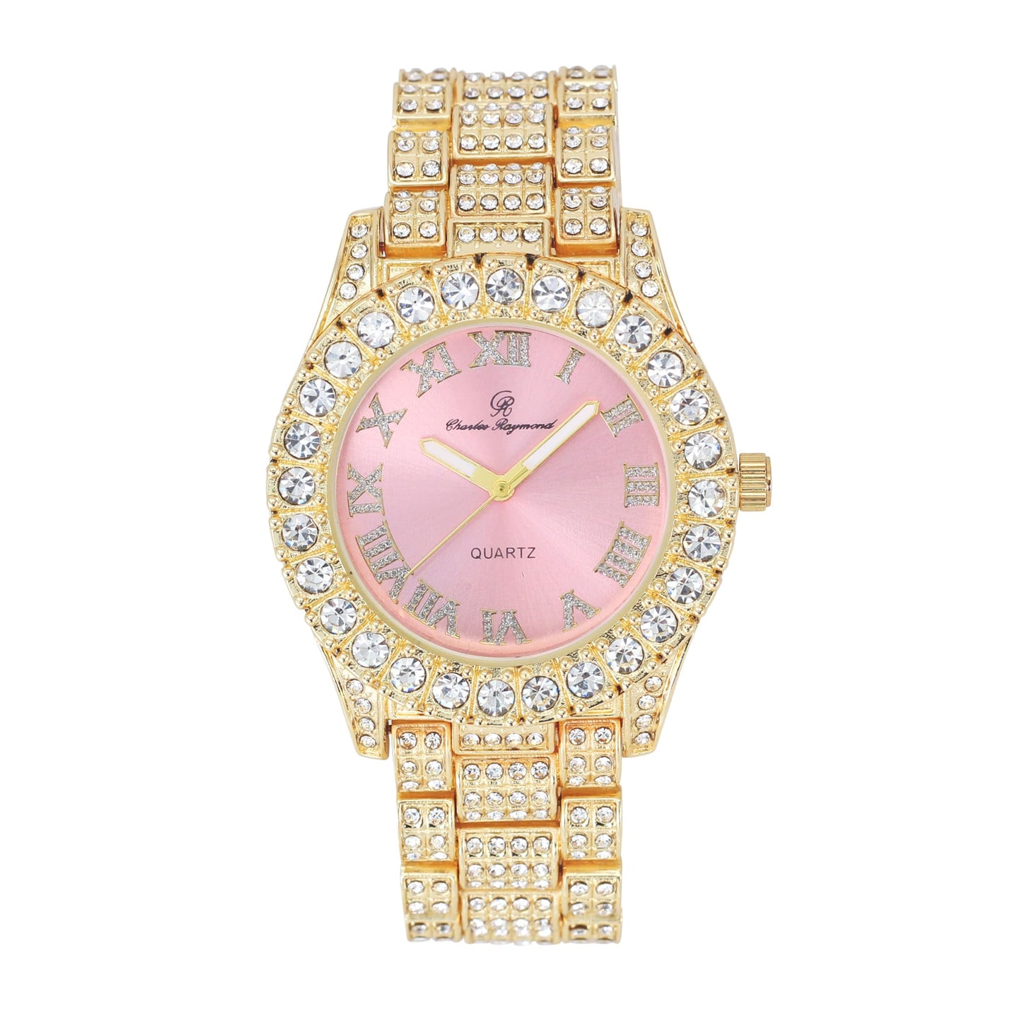 Charles Raymond Women's Big Rocks Bezel Colored Dial with Roman Numerals Fully Iced Out Watch - ST10327LA