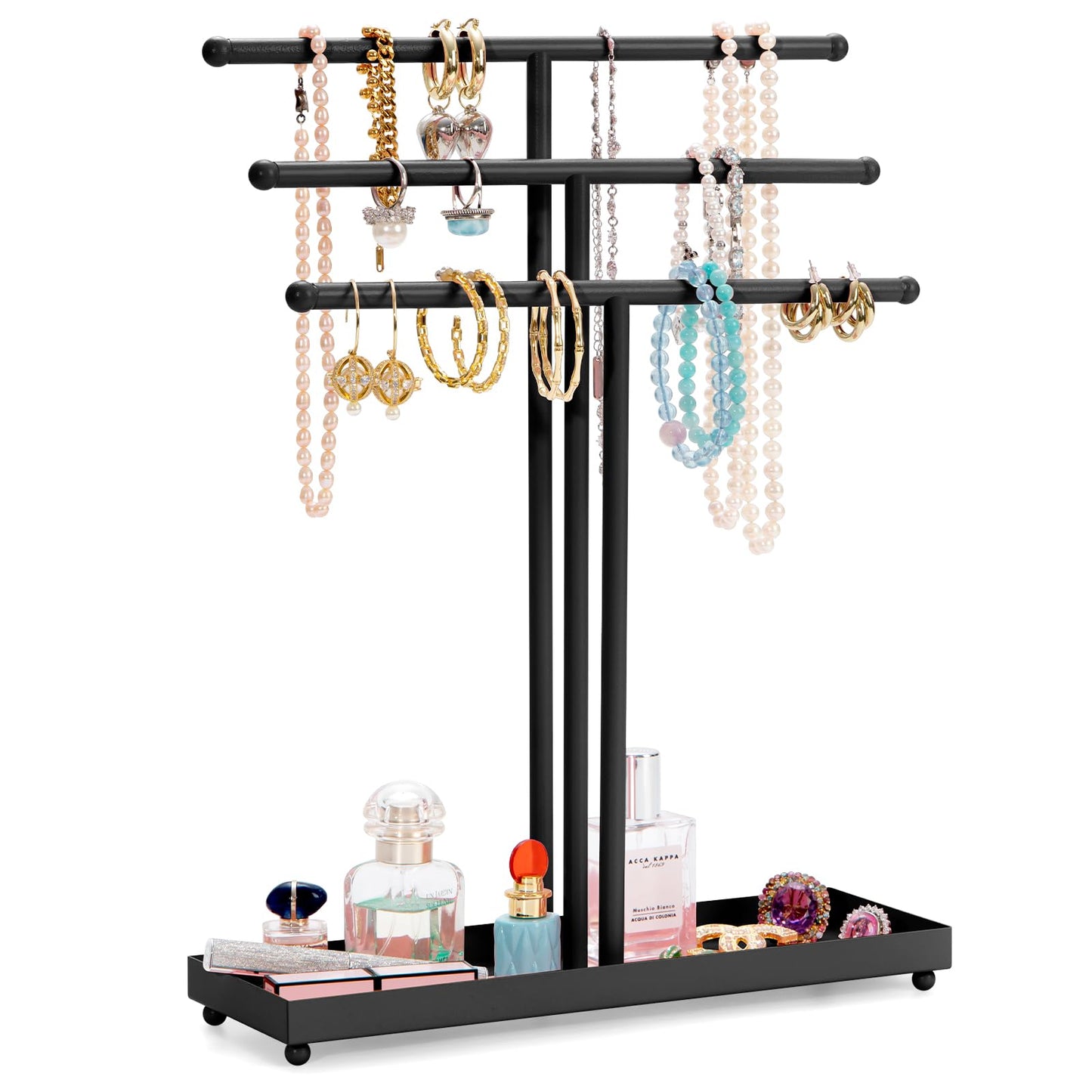 AUTODECO Jewelry Organizer Stand 3 Tier Tabletop Bracelet Rings Watches Necklace Display with Tray Great for Women Black