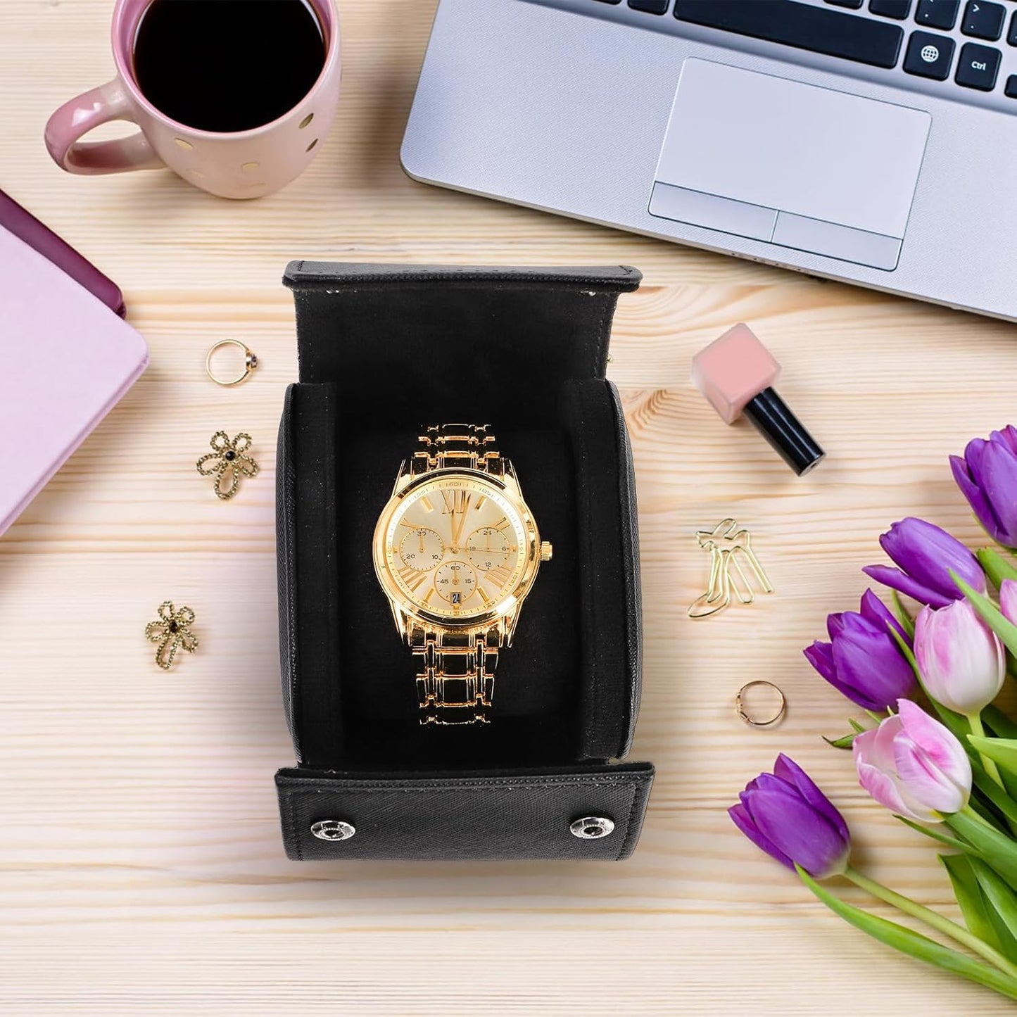 Leather Travel Watch Case, Single Watch Gift Box with Pillow, Portable Jewelry Watch Storage Roll Organizer Carrying Case for Display, Men, Women, Luxury Black
