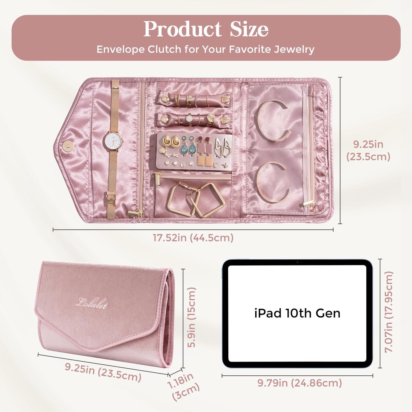 Lolalet Travel Jewelry Organizer Case, Foldable Velvet Jewellery Roll Pouch Fashion Traveling Jewelry Wallet Envelope Clutch for Rings Earrings Necklaces Bracelets Brooches Eardrops Watch -Grey