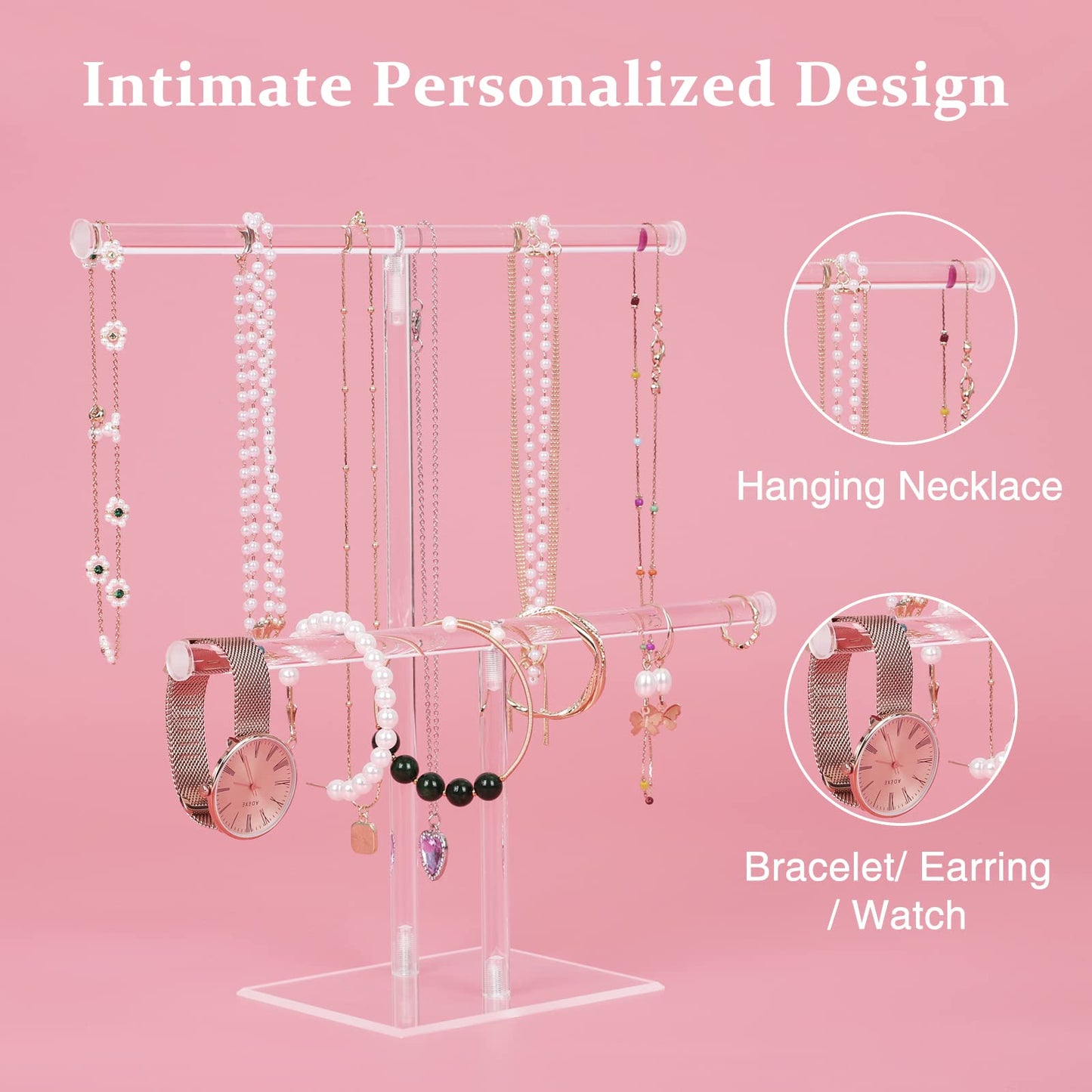 Jewelry Stand Necklace Holder, Acrylic Jewelry Display Holder, Necklace and Bracelet Hanging Organizer, Clear 2-Tier Tower Stand for Bangles, Necklaces, Bracelets, Rings, Earrings and Watch