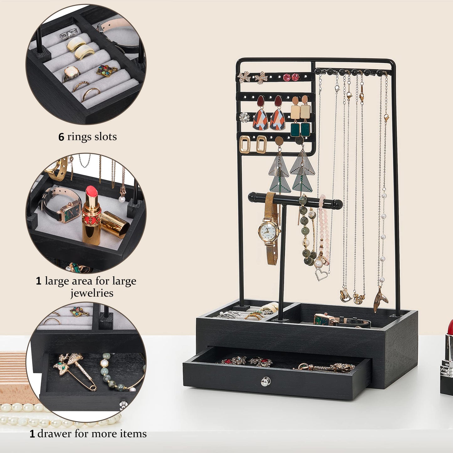 BEWISHOME Jewelry Organizer Stand, Jewelry Holder Organizer for Women Girls Gifts Jewelry Tree Stand with Wooden Basis for Earrings Rings Necklaces Watches Bracelets Black, SSJ01B