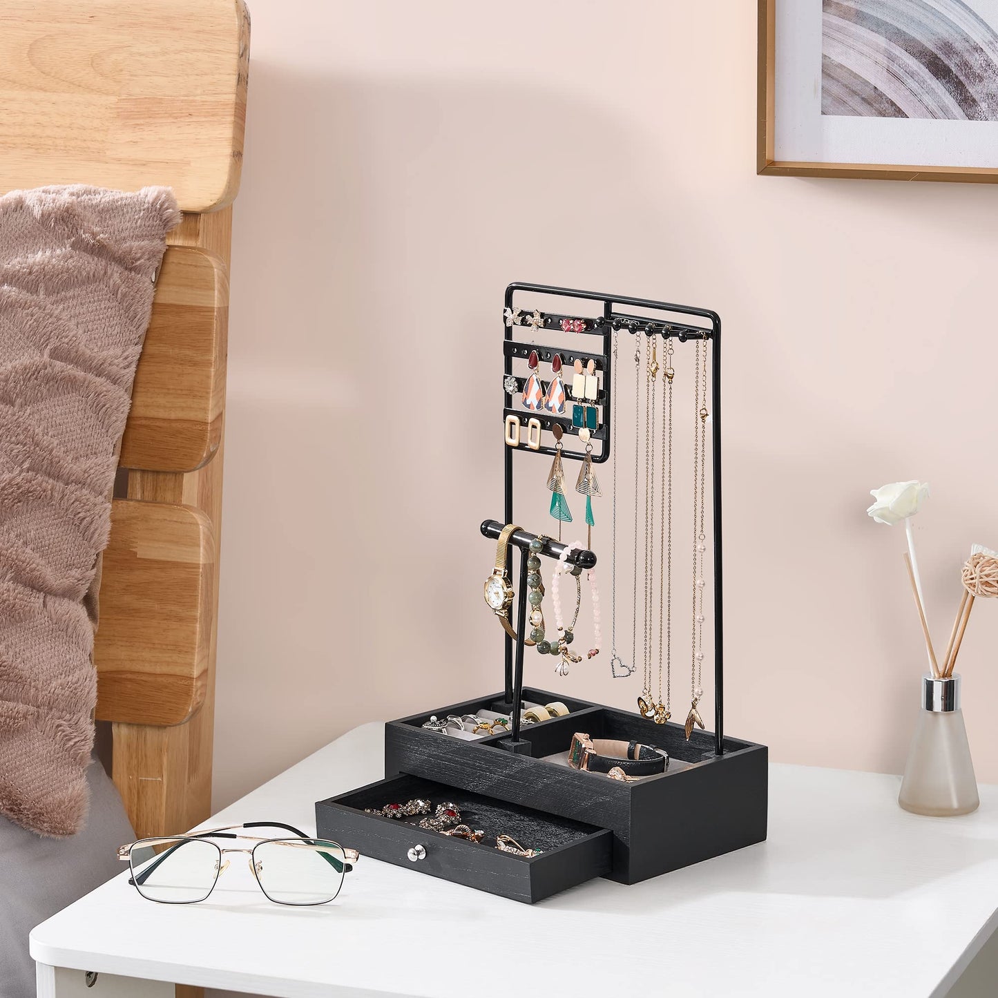 BEWISHOME Jewelry Organizer Stand, Jewelry Holder Organizer for Women Girls Gifts Jewelry Tree Stand with Wooden Basis for Earrings Rings Necklaces Watches Bracelets Black, SSJ01B