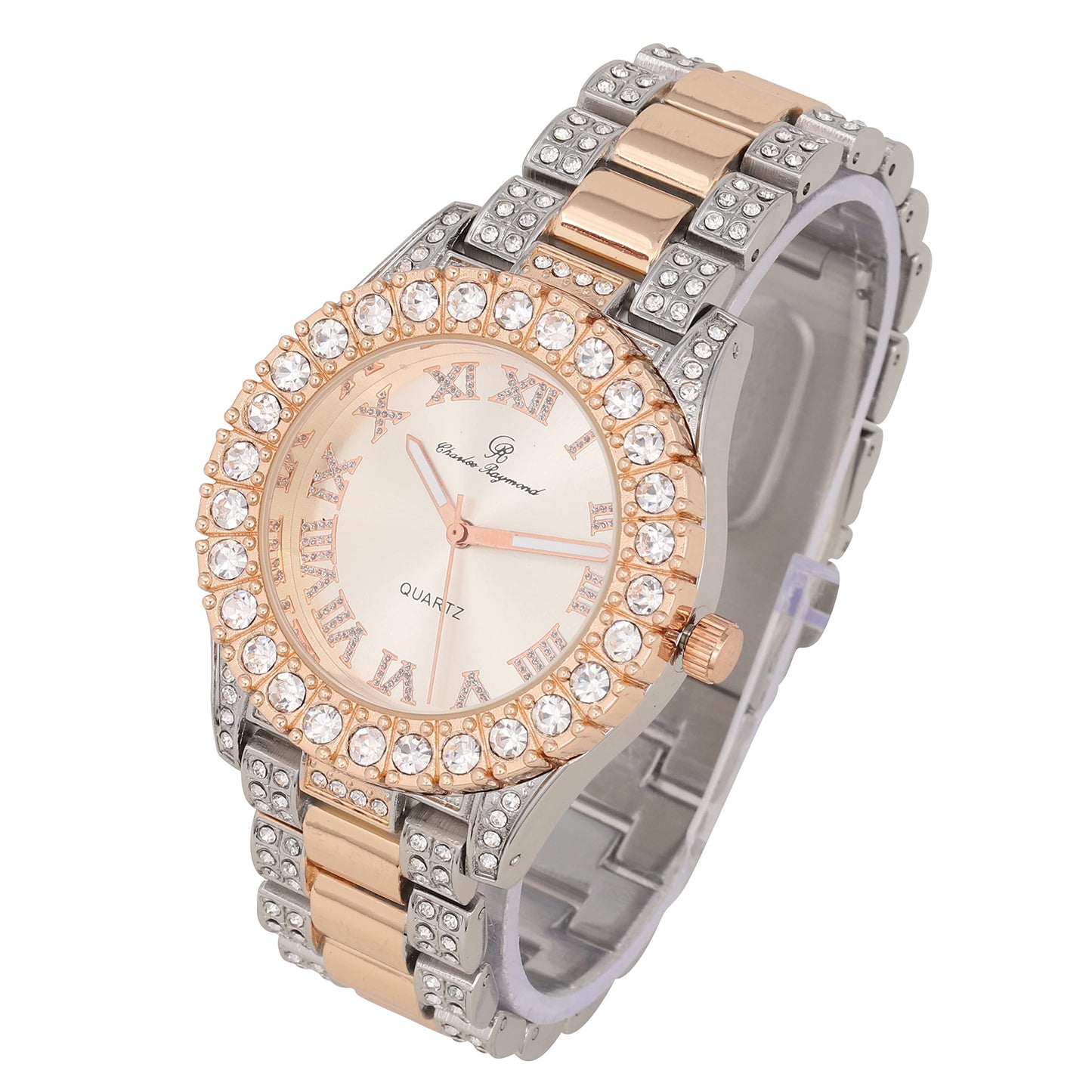 Charles Raymond Women's Big Rocks Bezel Colored Dial with Roman Numerals Fully Iced Out Watch - ST10327LA