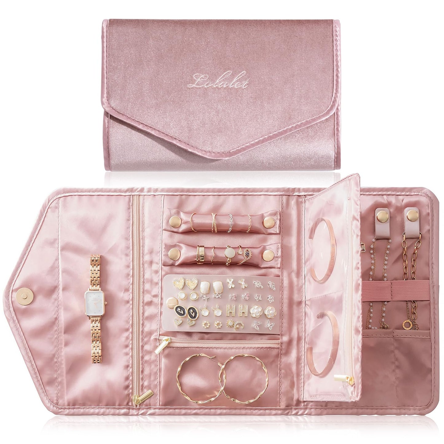 Lolalet Travel Jewelry Organizer Case, Foldable Velvet Jewellery Roll Pouch Fashion Traveling Jewelry Wallet Envelope Clutch for Rings Earrings Necklaces Bracelets Brooches Eardrops Watch -Grey