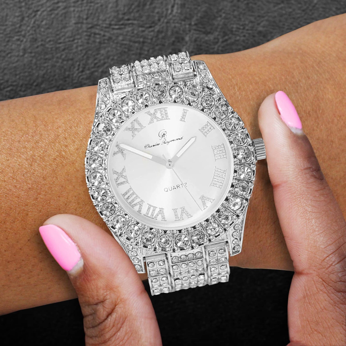 Charles Raymond Women's Big Rocks Bezel Colored Dial with Roman Numerals Fully Iced Out Watch - ST10327LA