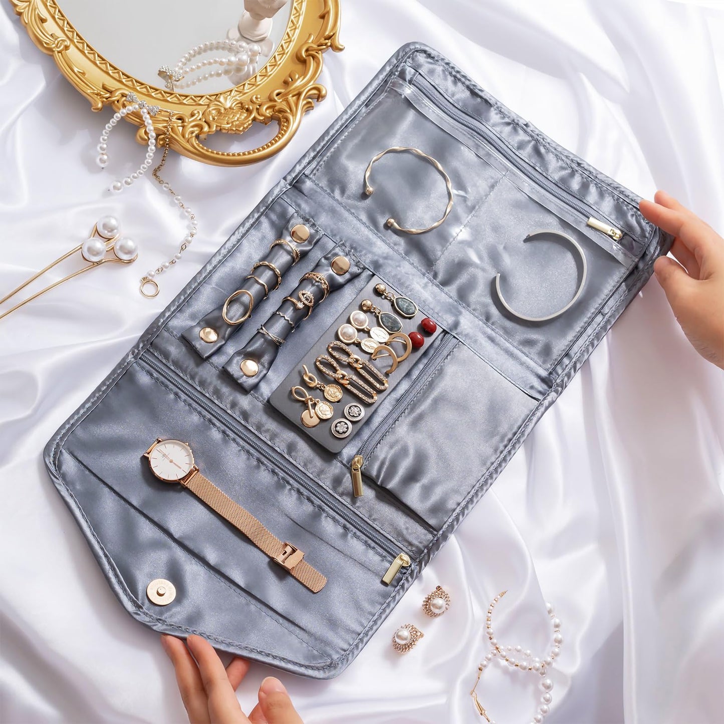 Lolalet Travel Jewelry Organizer Case, Foldable Velvet Jewellery Roll Pouch Fashion Traveling Jewelry Wallet Envelope Clutch for Rings Earrings Necklaces Bracelets Brooches Eardrops Watch -Grey