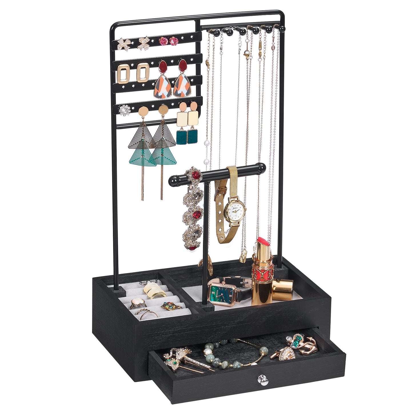 BEWISHOME Jewelry Organizer Stand, Jewelry Holder Organizer for Women Girls Gifts Jewelry Tree Stand with Wooden Basis for Earrings Rings Necklaces Watches Bracelets Black, SSJ01B