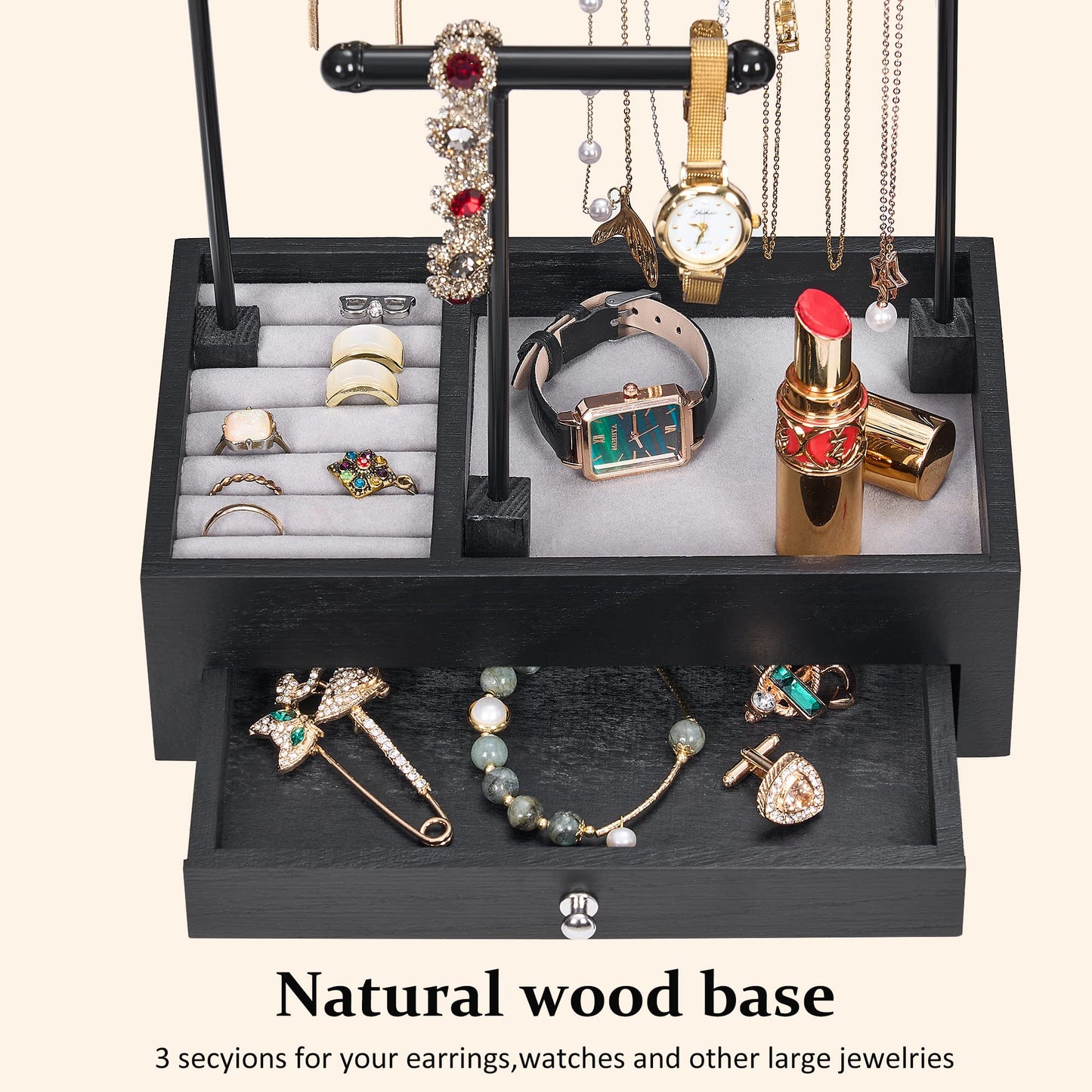BEWISHOME Jewelry Organizer Stand, Jewelry Holder Organizer for Women Girls Gifts Jewelry Tree Stand with Wooden Basis for Earrings Rings Necklaces Watches Bracelets Black, SSJ01B