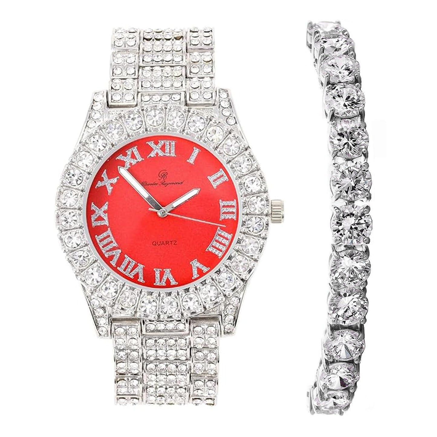 Charles Raymond Women's Big Rocks Bezel Colored Dial with Roman Numerals Fully Iced Out Watch - ST10327LA