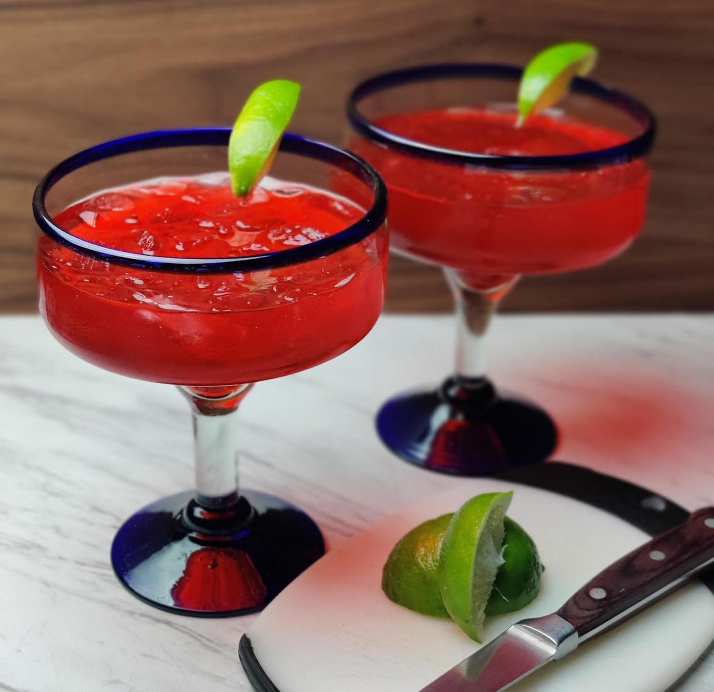 Dos Sueños Mexican Hand Blown Glass Drinkware Set - 4 Margarita Glasses (16oz) and Pitcher (84oz) – Cobalt Blue Rim