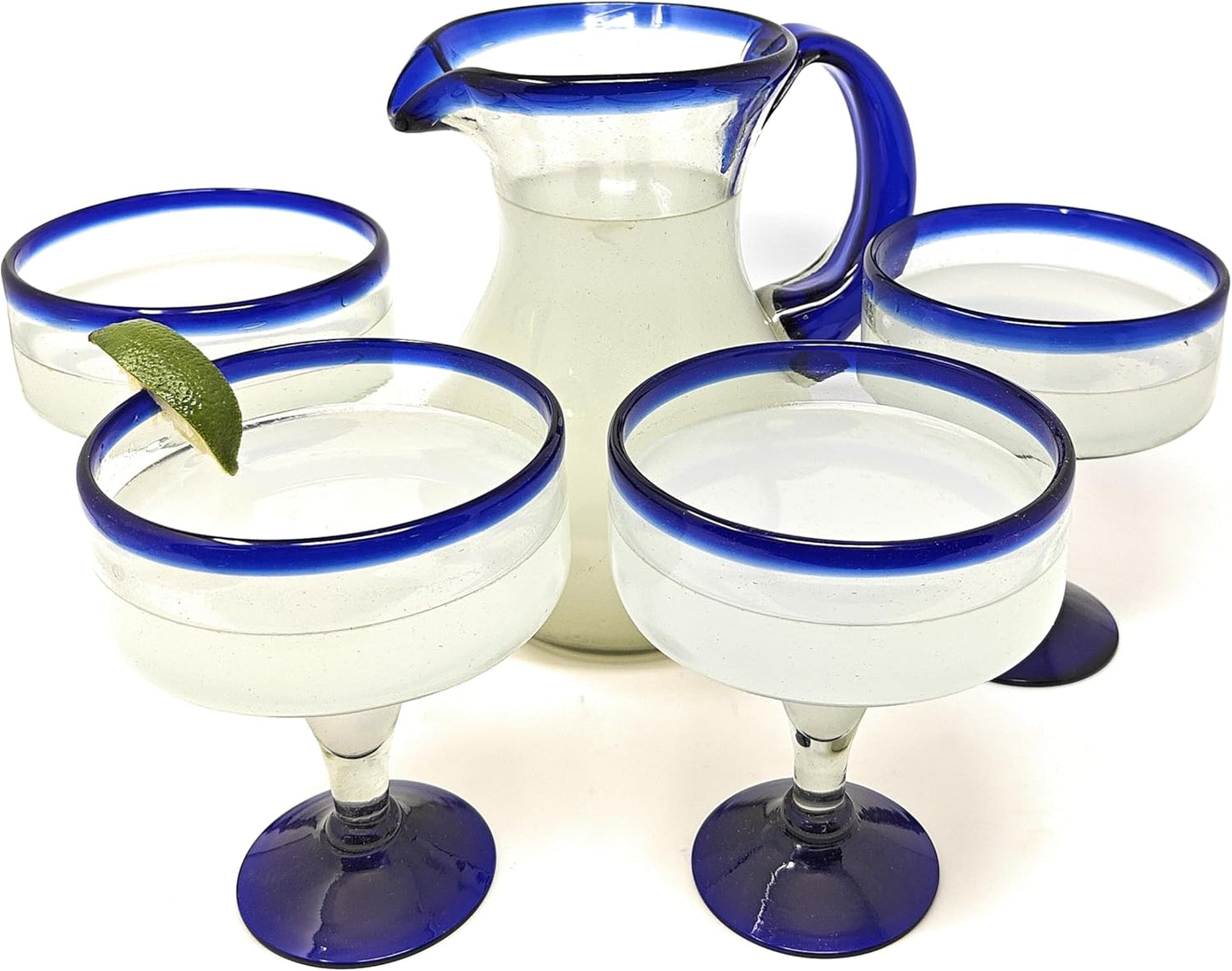 Dos Sueños Mexican Hand Blown Glass Drinkware Set - 4 Margarita Glasses (16oz) and Pitcher (84oz) – Cobalt Blue Rim