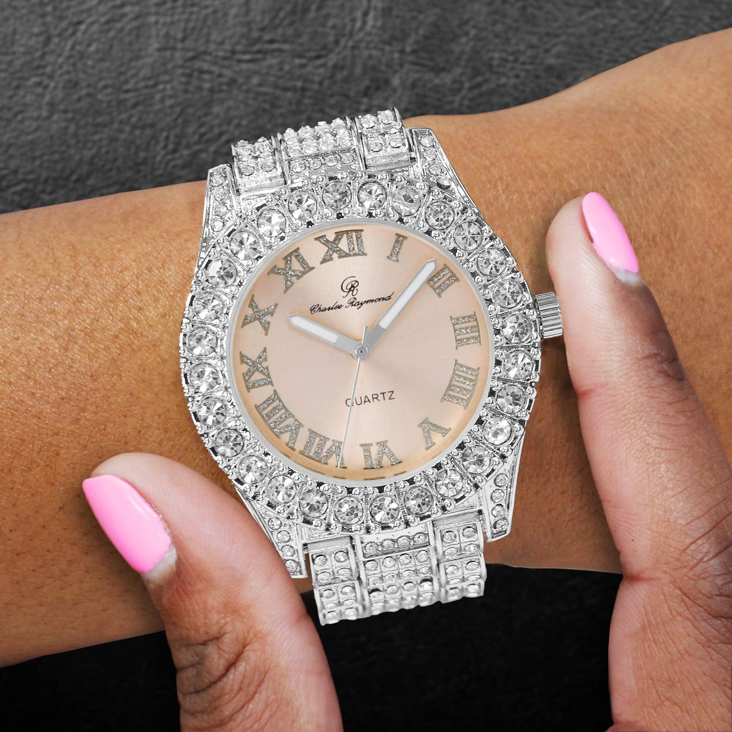 Charles Raymond Women's Big Rocks Bezel Colored Dial with Roman Numerals Fully Iced Out Watch - ST10327LA