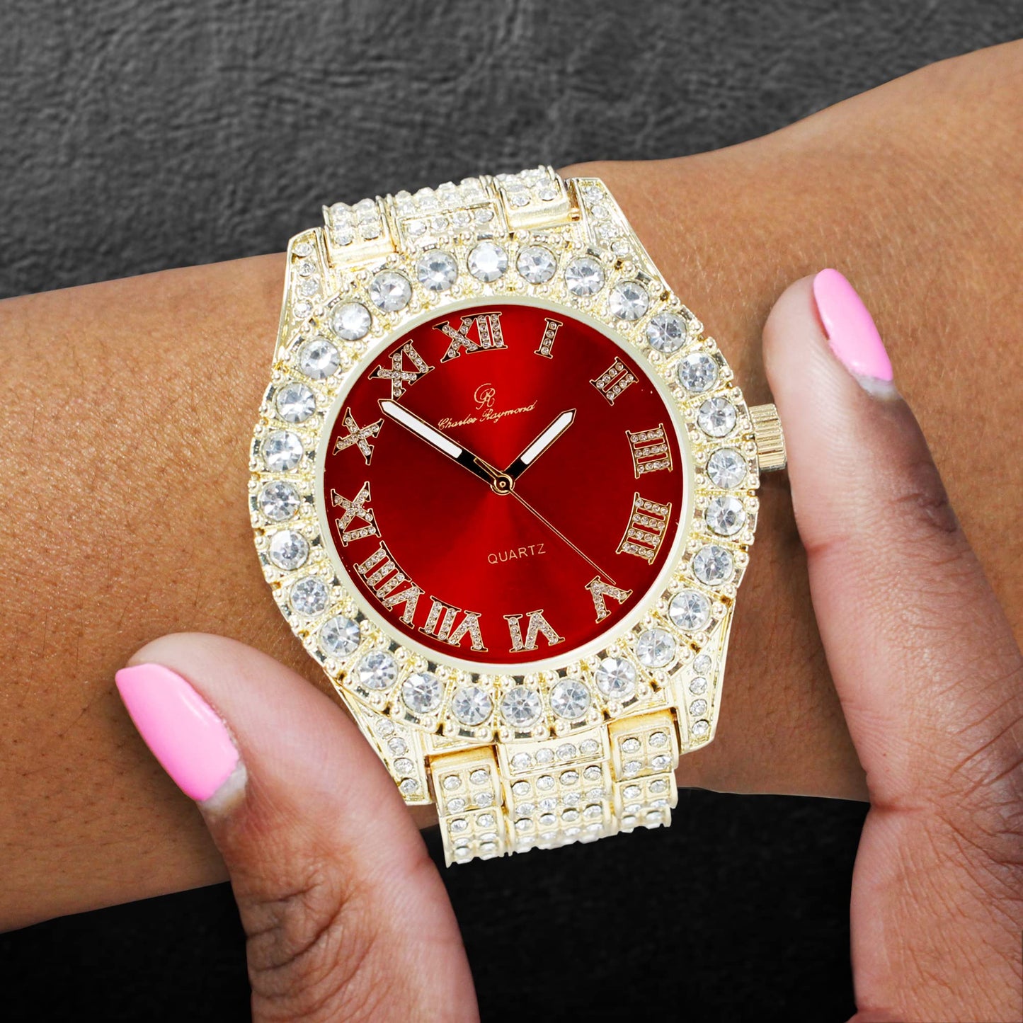 Charles Raymond Women's Big Rocks Bezel Colored Dial with Roman Numerals Fully Iced Out Watch - ST10327LA
