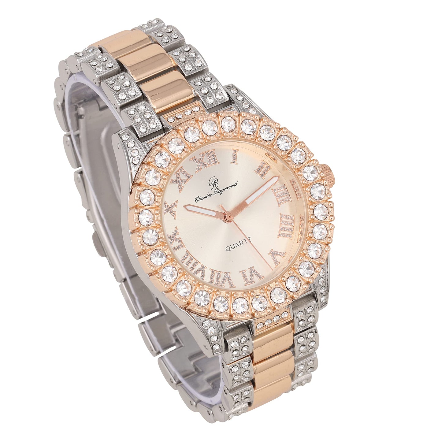Charles Raymond Women's Big Rocks Bezel Colored Dial with Roman Numerals Fully Iced Out Watch - ST10327LA