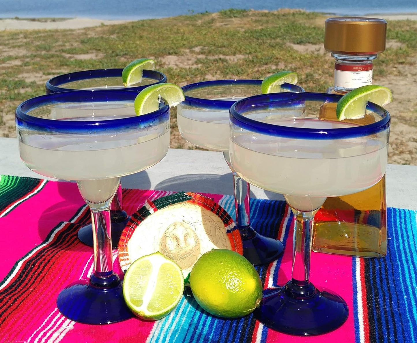 Dos Sueños Mexican Hand Blown Glass Drinkware Set - 4 Margarita Glasses (16oz) and Pitcher (84oz) – Cobalt Blue Rim
