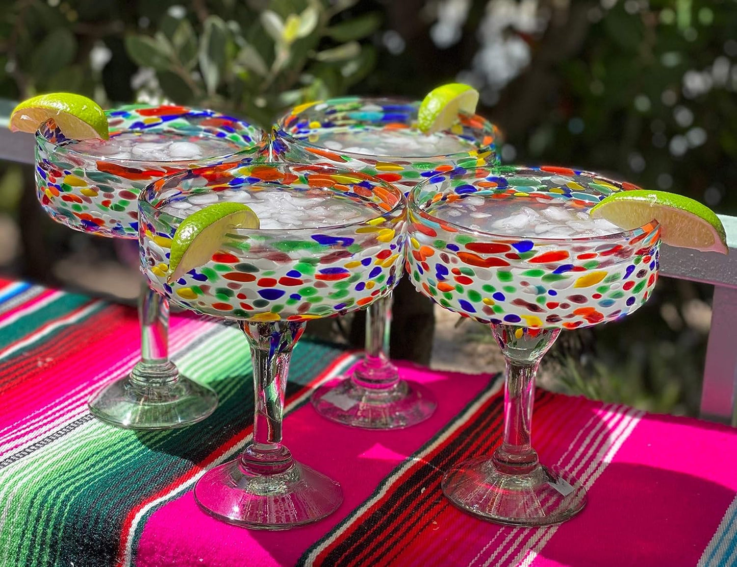 Dos Sueños Mexican Hand Blown Glass – Set of 4 Hand Blown Margarita Glasses Confetti Rock (16 oz) …