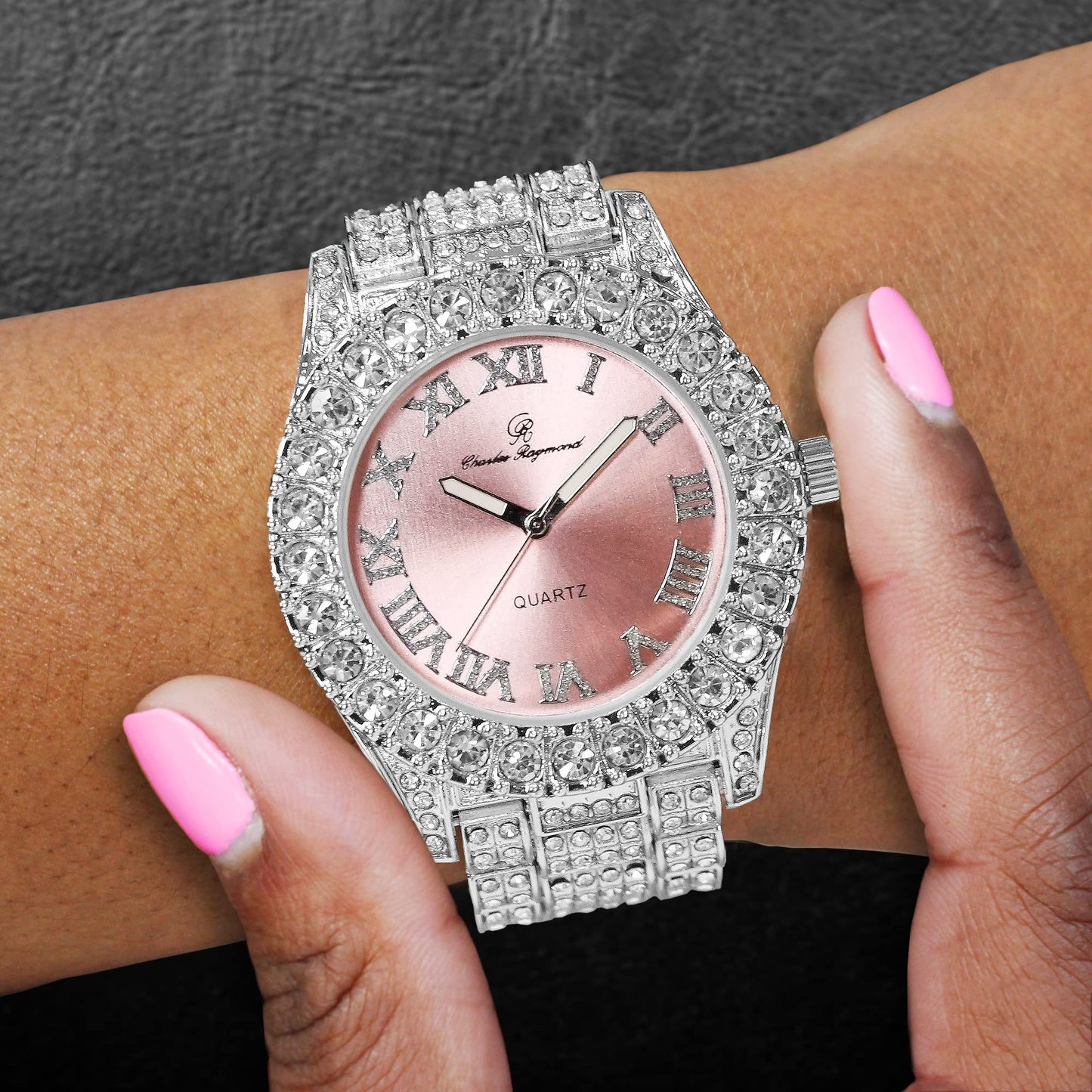 Charles Raymond Women's Big Rocks Bezel Colored Dial with Roman Numerals Fully Iced Out Watch - ST10327LA