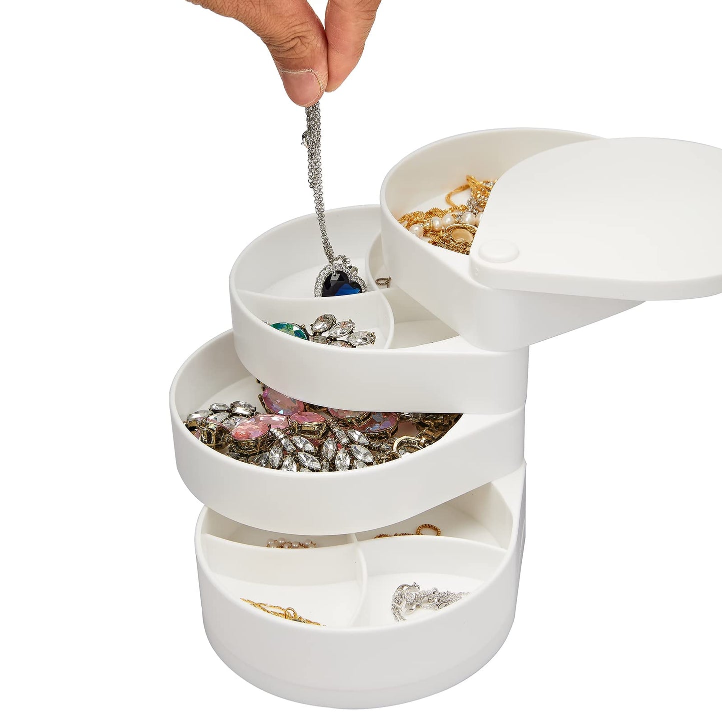 LETURE Small Jewelry Organizer, Ring Earrings Necklace Bracelet Bangle Watch Jewelry Storage Box for Women, 4-Layer Rotating Travel Jewelry Tray Case with Lid (White)