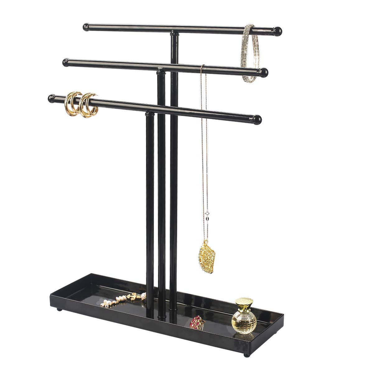 AUTODECO Jewelry Organizer Stand 3 Tier Tabletop Bracelet Rings Watches Necklace Display with Tray Great for Women Black