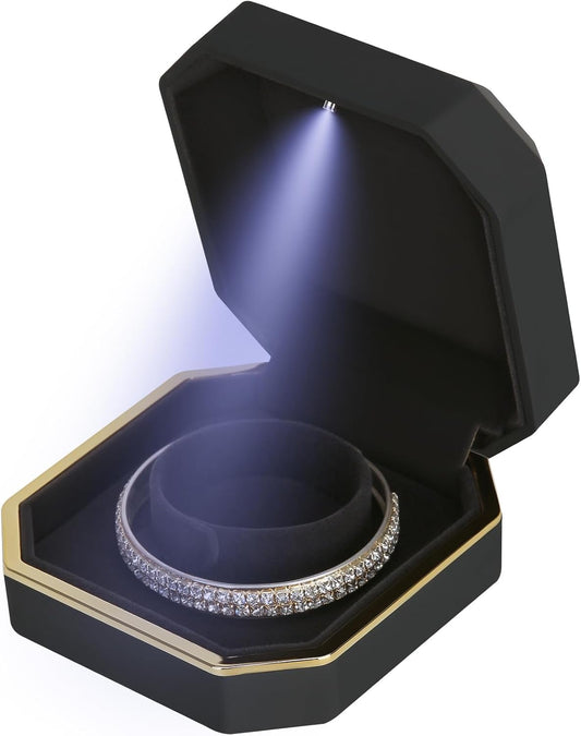 Luxury LED Jewelry Bracelet Gift Box with LED Light, Velvet Small Jewelry Box Storage Case Organizer Holder for Wedding, Engagement, Proposal, Birthday and Anniversary (Black)