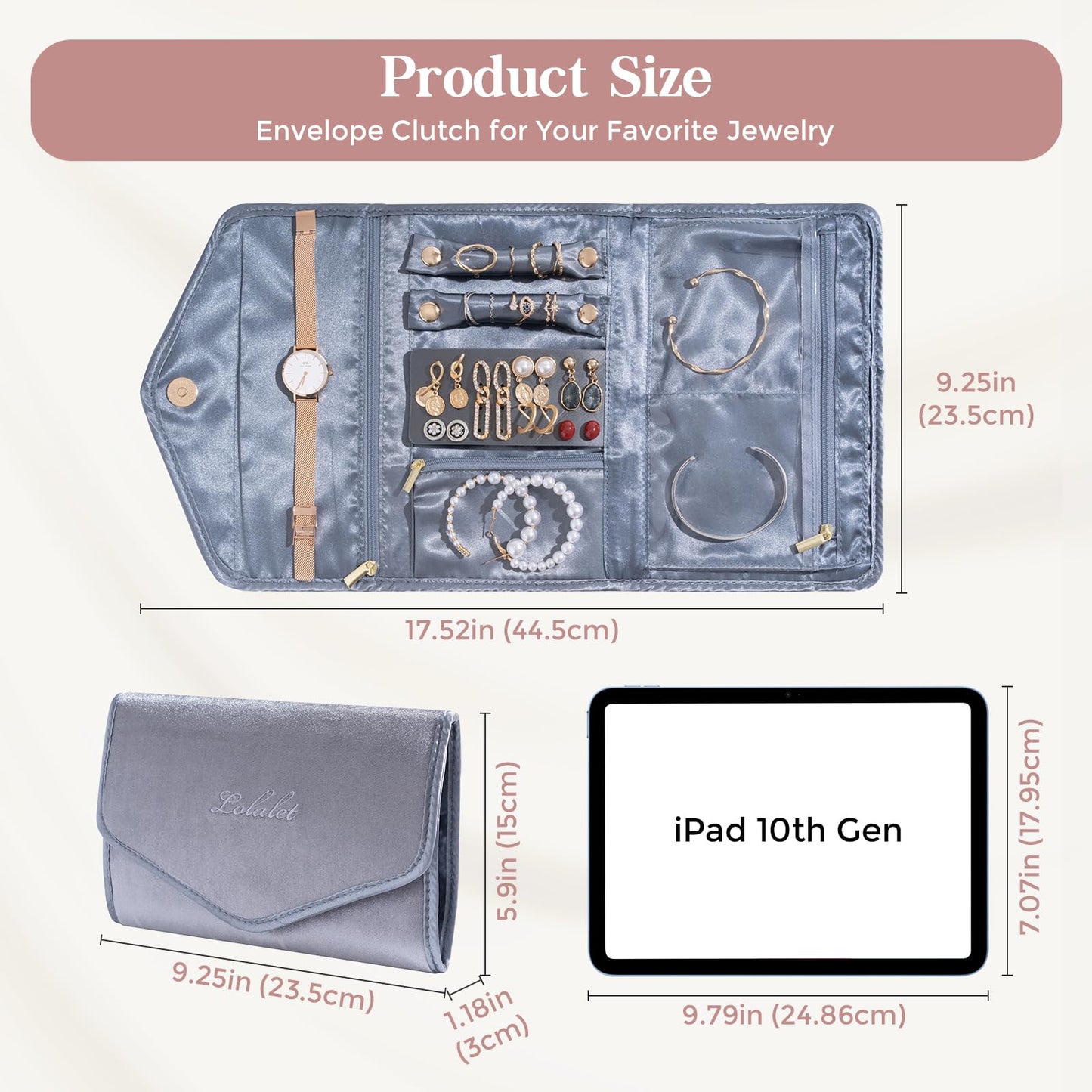 Lolalet Travel Jewelry Organizer Case, Foldable Velvet Jewellery Roll Pouch Fashion Traveling Jewelry Wallet Envelope Clutch for Rings Earrings Necklaces Bracelets Brooches Eardrops Watch -Grey