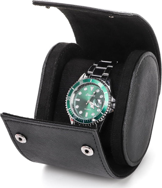 Leather Travel Watch Case, Single Watch Gift Box with Pillow, Portable Jewelry Watch Storage Roll Organizer Carrying Case for Display, Men, Women, Luxury Black