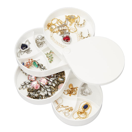 LETURE Small Jewelry Organizer, Ring Earrings Necklace Bracelet Bangle Watch Jewelry Storage Box for Women, 4-Layer Rotating Travel Jewelry Tray Case with Lid (White)