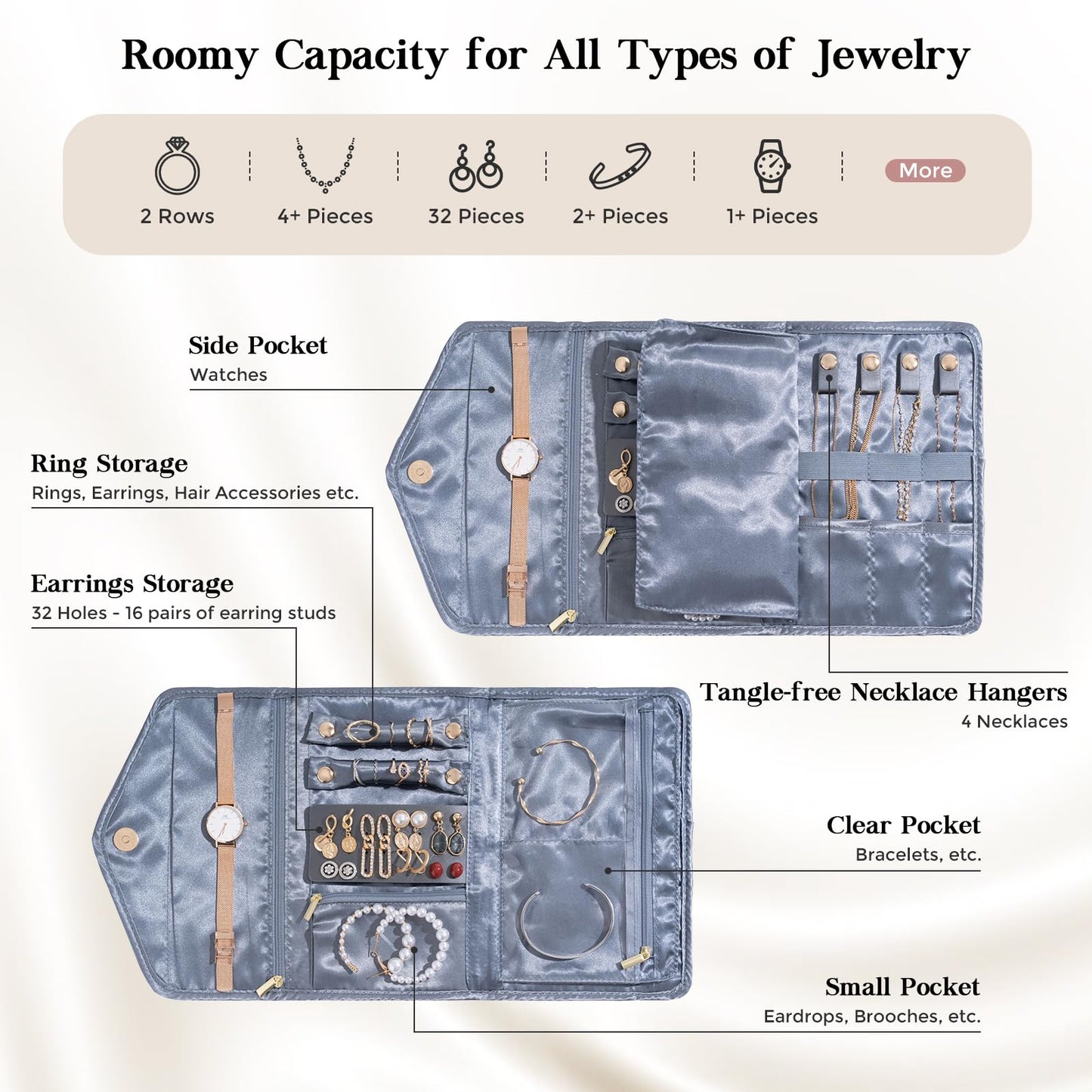 Lolalet Travel Jewelry Organizer Case, Foldable Velvet Jewellery Roll Pouch Fashion Traveling Jewelry Wallet Envelope Clutch for Rings Earrings Necklaces Bracelets Brooches Eardrops Watch -Grey
