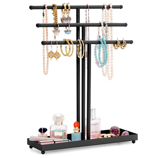 AUTODECO Jewelry Organizer Stand 3 Tier Tabletop Bracelet Rings Watches Necklace Display with Tray Great for Women Black