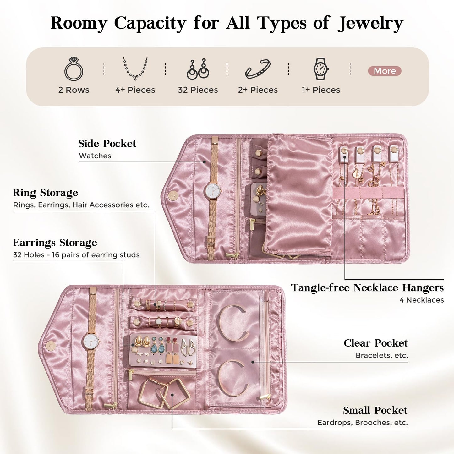 Lolalet Travel Jewelry Organizer Case, Foldable Velvet Jewellery Roll Pouch Fashion Traveling Jewelry Wallet Envelope Clutch for Rings Earrings Necklaces Bracelets Brooches Eardrops Watch -Grey