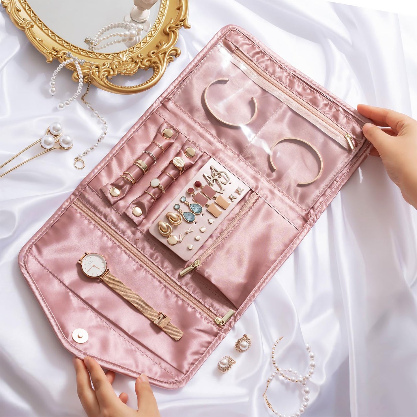 Lolalet Travel Jewelry Organizer Case, Foldable Velvet Jewellery Roll Pouch Fashion Traveling Jewelry Wallet Envelope Clutch for Rings Earrings Necklaces Bracelets Brooches Eardrops Watch -Grey