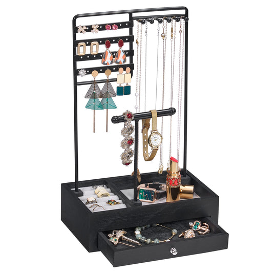BEWISHOME Jewelry Organizer Stand, Jewelry Holder Organizer for Women Girls Gifts Jewelry Tree Stand with Wooden Basis for Earrings Rings Necklaces Watches Bracelets Black, SSJ01B
